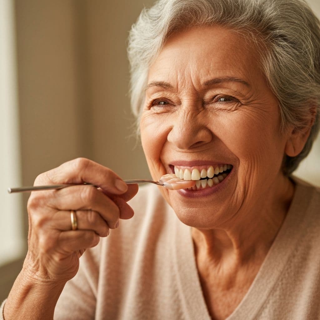 Happy patient with secure implant-supported dentures
